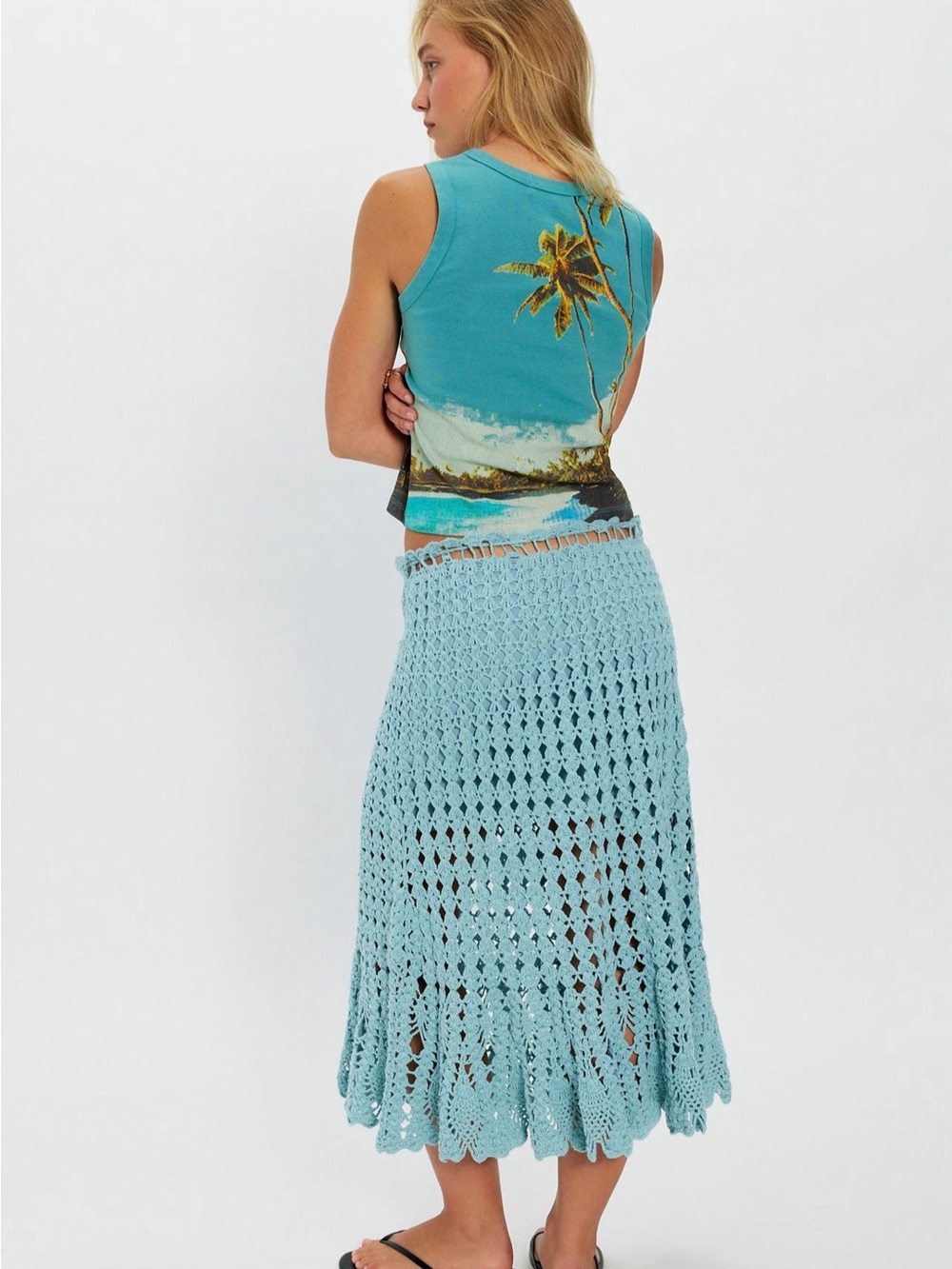 Free People Isle Of Rhodes Crochet Midi Skirt Tie Semi Lined Canal Blue - Picture 2 of 6